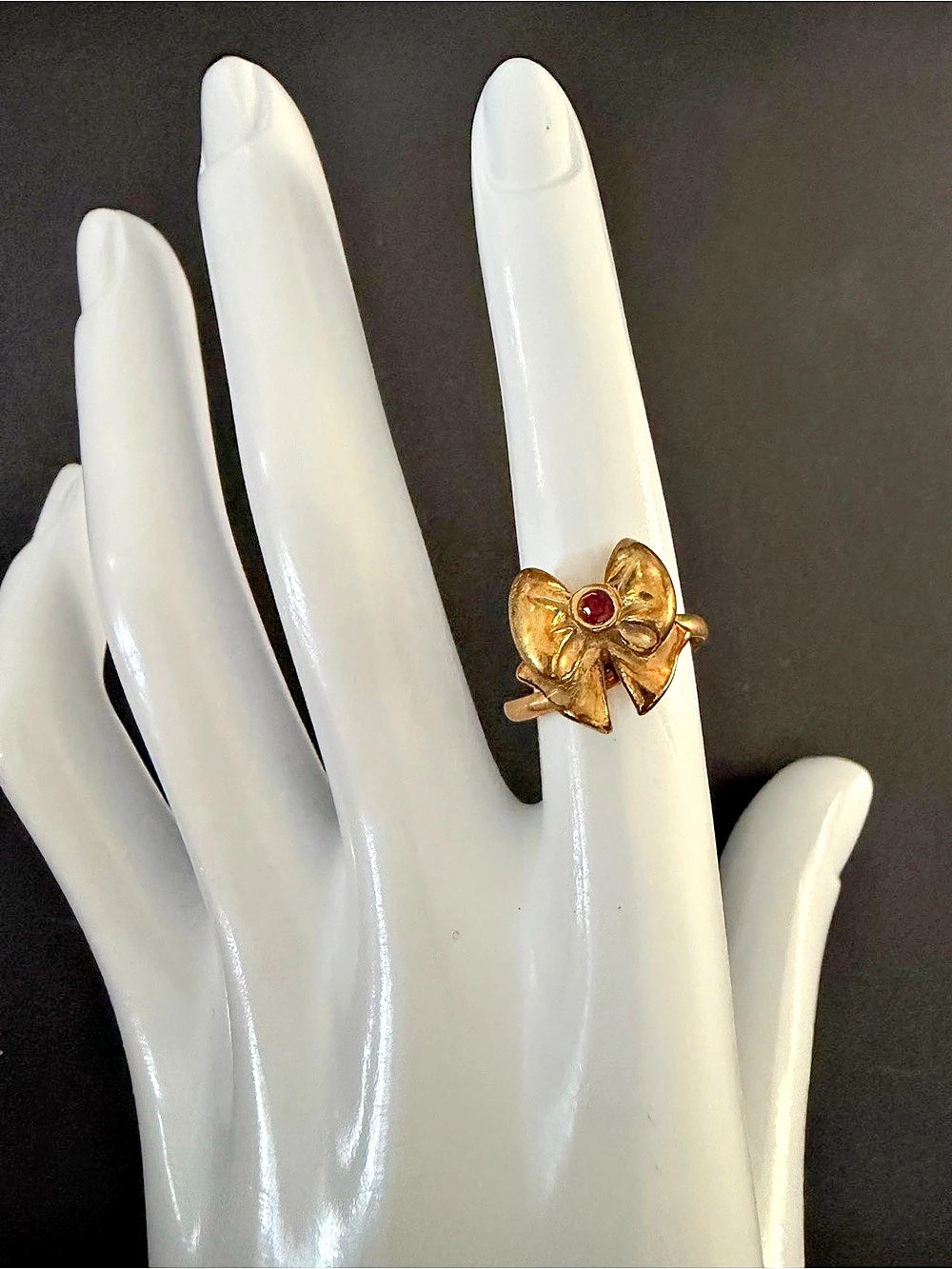 Gold Bow Ring Red Stone Size 4